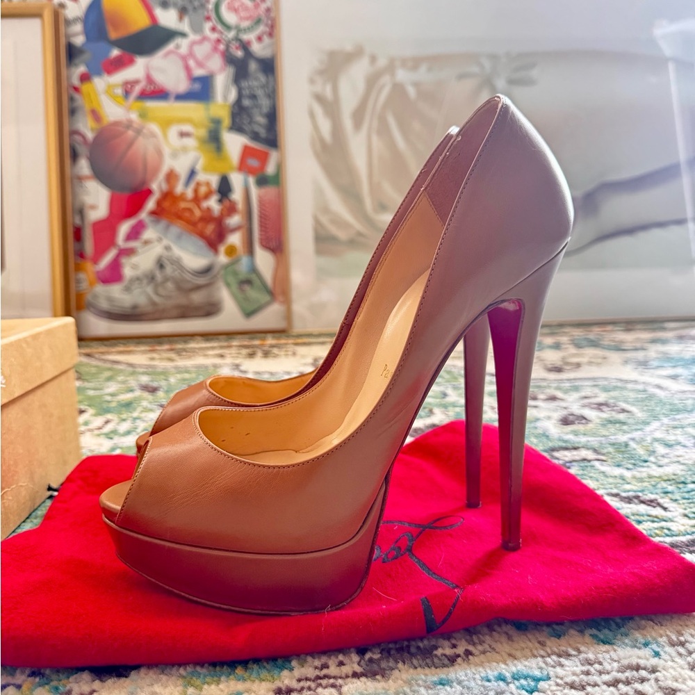 Christian Louboutin Tan Peep-Toe Heels - Picture 2 of 8